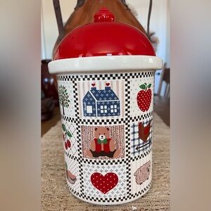 Vintage Country “Patchwork” Design Ceramic Cookie Jar Canister w Lid